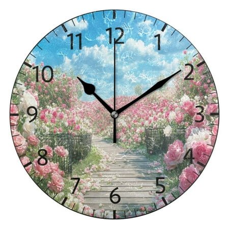 YAZAOO Decorative Wall Clock Size：25cm Pink Blooming Rose Design Pattern Clock