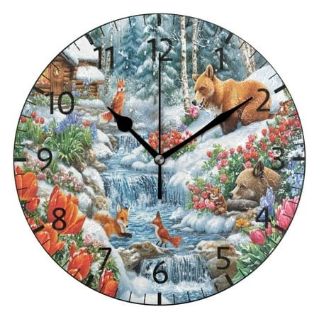 YAZAOO Decorative Wall Clock Size:25cm Winter Scene with Animals Cabin Design Pattern Clock