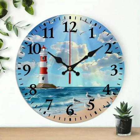 YILUYINQING Lighthouse Beach Seagulls Round Wooden Wall Clock Battery Operated, Wall Hanging Decor for Living Rooms, Kitchens, Dorms, 10 Inches 10x10in