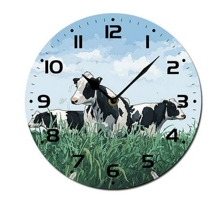 ZXCXRQFa Farm Animal Cow Group Grass Wooden Silent Non-Ticking 10 Inch Round Clocks Battery Operated Analog for Living Room Kitchen Bedroom Bathroom Office Home School Decor