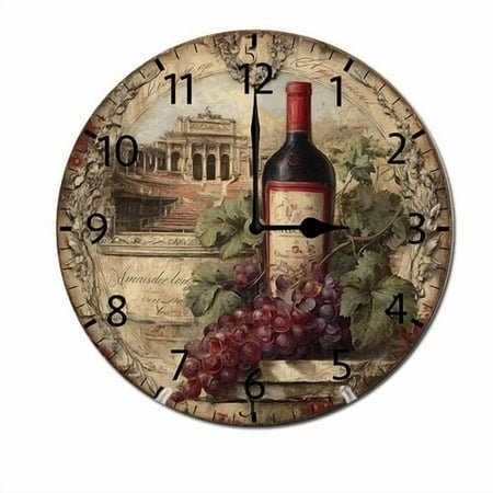 ZXCXRQFa Grapes Wine Glass Bottle Silent Wall Clock Round - Non-Ticking Desk Clock Battery Operated Quiet Decorative for Living Room Home Office School Kitchen (10In)