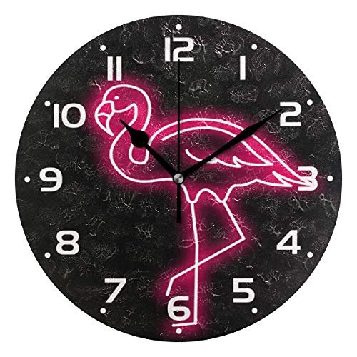 ZZKKO Neon Flamingo Wall Clock Quartz Analog Quiet, 9.5 Inch Round Desk Clock Battery Operated Easy to Read Decorative for Kitchen Bedroom Bathroom Living Room Classroom