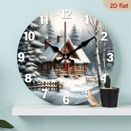 10-inch 2D flat Forest Snow Cabin theme, wooden circular silent wall clock, suitable for modern home art decoration, wall decoration, it is an ideal gift for festivals and birthdays