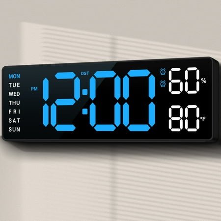 10 Digital Wall Mount Clock: Dual Alarm Wall Mount Clock with Big Led and Functions for Living Room Bedroom Office Desk Decor - Housewarming Gifts Home Wall Decor, Blue