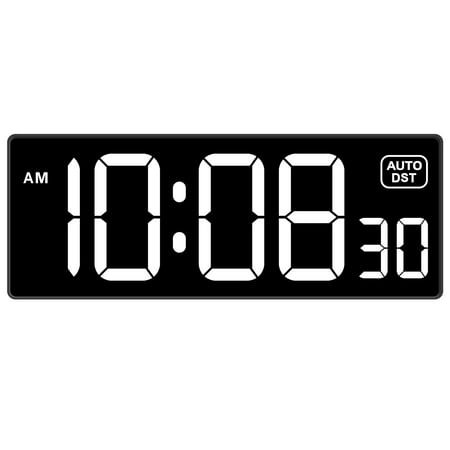10 Inch LED Digital Wall Clock, Large Display with Seconds and Date, Auto Daylight Saving Time, Adjustable Brightness for Easy Viewing in Bedroom, Living Room, White