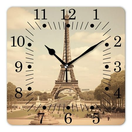 10 Inch Wall Clock Battery Operated Square Clock for Office, Kitchen, Outdoor, Living Room,Eiffel Tower In Paris France Vintage Old Retro Style Lovely