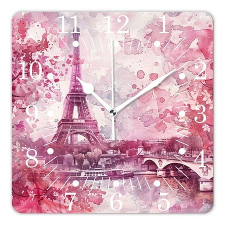 10 Inch Wall Clock Battery Operated Square Clock for Office, Kitchen, Outdoor, Living Room,Oil Painting Paris France City Eiffel Tower Natural