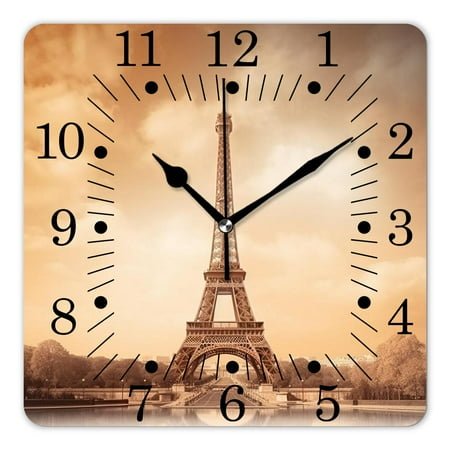 10 Inch Wall Clock Battery Operated Square Clock for Office, Kitchen, Outdoor, Living Room,Eiffel Tourist Attraction In Paris France Brown Design