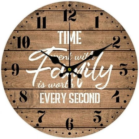 12inch Time Spent with Family Wall Clock Vintage Wooden Wall Clock Battery Operated Farmhouse Sentence Clock Battery Operated Round Wall Clock for Living Room Kitchen Bedroom Office