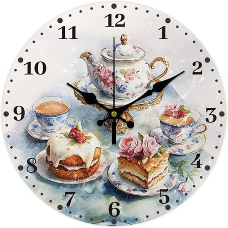 12 Inch Wall Clock Afternoon Tea Wall Clock Battery Operated Non Ticking Silent Cakes Decorative Kitchen Clock for Living Room Bedroom Home Decor Office for DIY