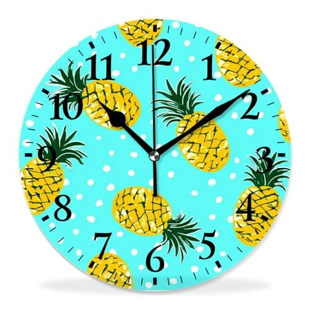 12 Inch Wall Clock Battery Operated Silent Clock Decorative for Office, Kitchen, Outdoor, Living Room，Cartoon Pineapple on Green Exquisite