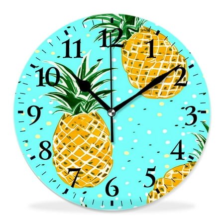 12 Inch Wall Clock Battery Operated Silent Clock Decorative for Office, Kitchen, Outdoor, Living Room，Cartoon Pineapple on Green Cute Art