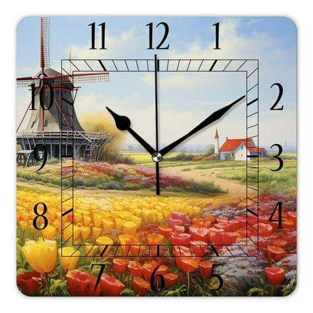 12 Inch Wall Clock Battery Operated Square Clock Decorative for Office, Kitchen, Outdoor, Living Room，Traditional Dutch Tulips Lovely