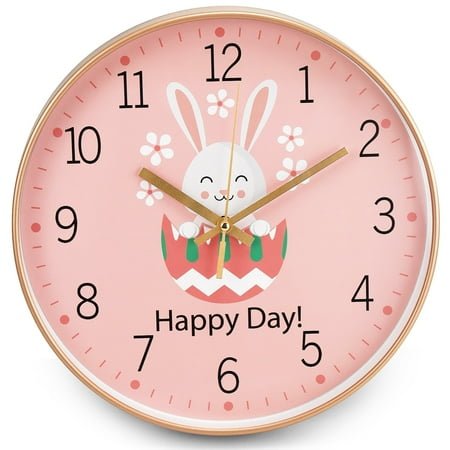 12 Inch Wall Clock, Drip Proof Silent Round Wall Clock, Battery Operated, Pink Rabbit Decorative Wall Clock for Girls
