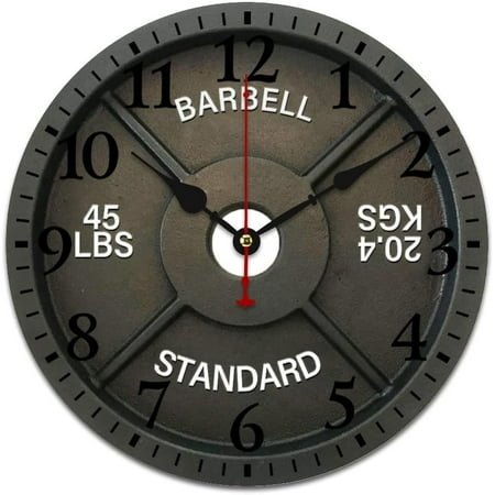 12 Inch Wooden Wall Clock Weightlifters Barbell Standard 45lb Rustic Wooden Art Hanging Clock Battery Operated Arabic Numbers Wooden Clock Dining Room Decor