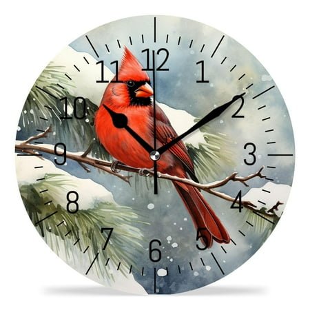 14 Inch Wall Clock Battery Operated Silent Clock Decorative for Office, Kitchen, Outdoor, Living Room，Winter Cardinal Bird Watercolor Cute Pattern