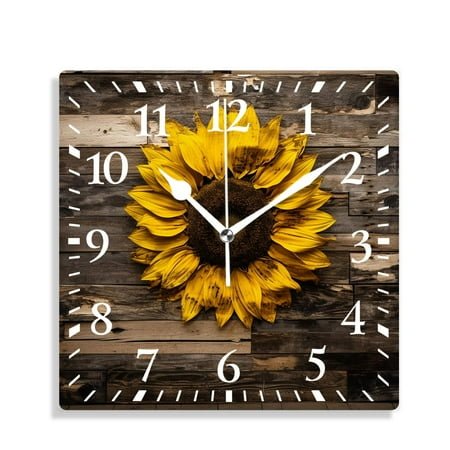 14 Inch Wall Clock Battery Operated Silent Clock Decorative for Office, Kitchen, Outdoor, Living Room，Yellow Sunflower Brown Burlap Lovely