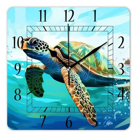 14 Inch Wall Clock Battery Operated Square Clock Decorative for Office, Kitchen, Outdoor, Living Room，Watercolor Blue Turtle Beautiful Drawing