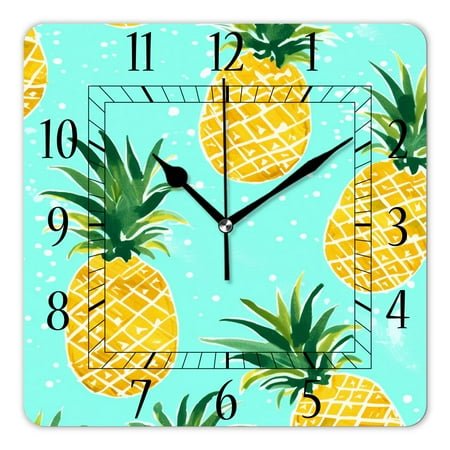 14 Inch Wall Clock Battery Operated Square Clock Decorative for Office, Kitchen, Outdoor, Living Room，Cartoon Pineapple on Green Cute