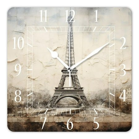14 Inch Wall Clock Battery Operated Square Clock Decorative for Office, Kitchen, Outdoor, Living Room，Paris Eiffel Tower France Print