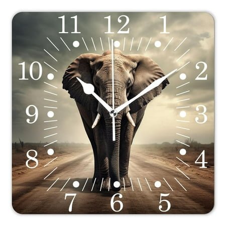 14 Inch Wall Clock Battery Operated Square Clock for Office, Kitchen, Outdoor, Living Room,Elephant Animal Walk In Road with Sun Woodland Tree Picture
