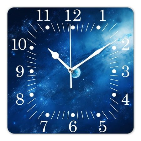 14 Inch Wall Clock Battery Operated Square Clock for Office, Kitchen, Outdoor, Living Room,Blue Shiny Earth In Space Globe Planet Solar Print Beautiful