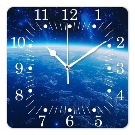 14 Inch Wall Clock Battery Operated Square Clock for Office, Kitchen, Outdoor, Living Room,Blue Shiny Earth In Space Luminous Globe Planet Solar Beautiful