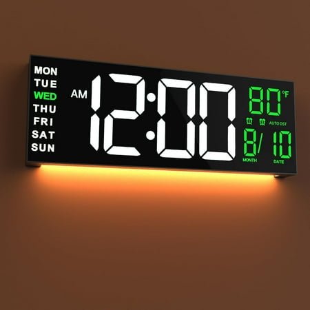 16 Large Digital Wall Mount Clock, Count Down Timer, Alarm, Big LED, RGB Color, DST, Temperature for Living Room Classroom Desk, Xmas, Birthday Gift for Senior Mom Dad, White Green