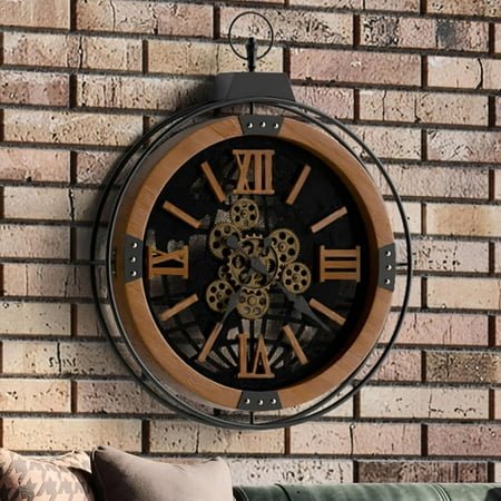 24 Inch Large Rustic Farmhouse Gear Clock with Moving Gears – Vintage Oversized Wall Clock with Iron Frame – Giant Industrial Steampunk Wall Clock for Living Room Décor (Walnut)