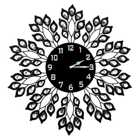 , 25” Black Leaf Metal Wall Clock, 9” Black Glass Dial with Arabic Numbers, Decorative Clock for Living Room, Bedroom, Office Space