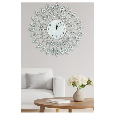 , 25” Crystal Leaf Metal Wall Clock, 9” White Glass Dial with Arabic Numerals, Decorative Clock for Living Room, Bedroom, Office Space