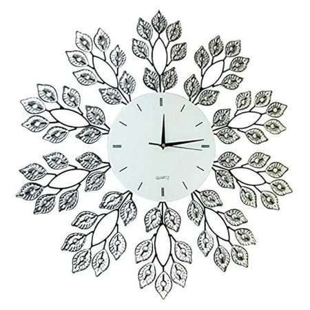 , 25” Leaf Metal Wall Clock, 9” White Glass Line Dial, Decorative Clock for Living Room, Bedroom, Office Space