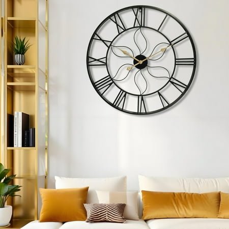 28 inch Black Thickened Metal Hollow Wall Clock - Roman Numeral Silent,Living Room/Bedroom/Hallway Decor Modern Minimalist Metal Wall Watch