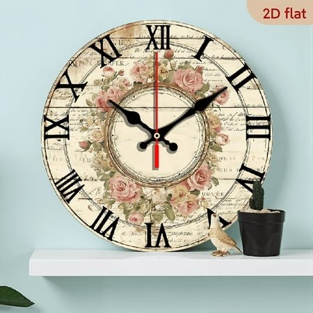 2D Flat 1pc 10Inch Constantplanet French Marseille Rose Floral Wooden Wall Clock Vintage French Country Decor with Beige Background, Roses in Pink Red White Green AA Battery Powered