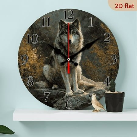 2D Flat 1pc 10Inch Cute wolf king pattern wooden wall clock, silent clock with rock, forest background, suitable for living room, bedroom, kitchen, office decoration, modern home art decoration