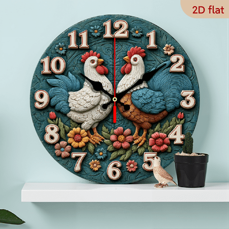 2D Flat 1pc 10Inch Farmhouse Chicken Floral Round Wooden Wall Clock - Silent Non-Ticking Japanese Quartz Movement, Teal Green with White Hands Red Rooster Design