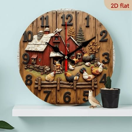 2D Flat 1pc 10Inch Farmhouse Rooster Hen Barn Wooden Wall Clock Silent Japanese Mechanism, Rustic Barn Rooster Design, Oak Finish, Battery Operated (AA Not Included) Perfect for Farmhouse