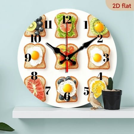 2D Flat 1pc 10Inch Food-Themed Wooden Wall Clock with Creative Toast Breakfast Pattern Design, Battery-Powered Silent Clock, Suitable for Living Room, Bedroom, Kitchen, Office Decoration