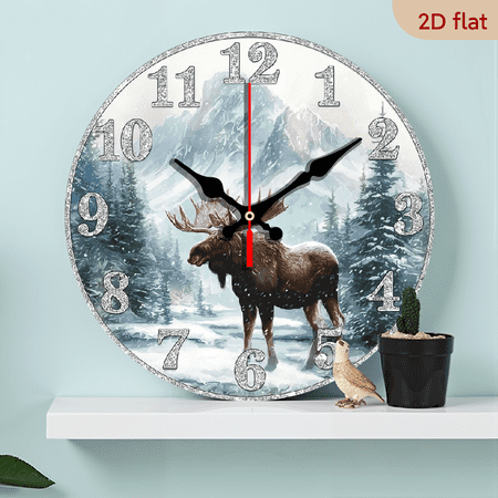 2D Flat 1pc 10Inch Round Wooden Wall Clock Winter Moose Wall Clock For Home Kitchen, Bathroom, Bedroom Decor