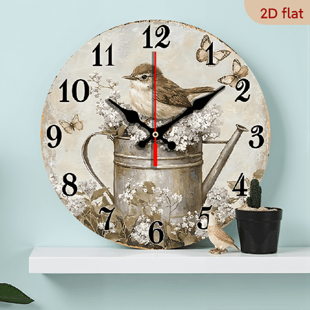 2D Flat 1pc 10Inch Rustic Vintage Garden Bird Wall Clock Non Ticking Wooden Round Clock with Floral Design for Dining Room, Hallway, Study, Home Office, Balcony Study Room Accessory Natureinspired