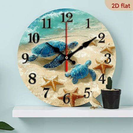 2D Flat 1pc 10Inch Silent Non-Ticking Wooden Wall Clock - Sea Turtle Family Beach Design, 20cm Battery Operated (AA Battery Not Included) for Kitchen, Bedroom, Living Room, Stairwell, Laundry Room