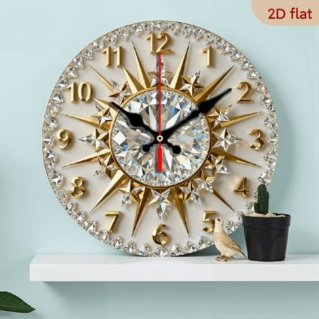 2D Flat 1pc 10Inch Wooden Large Modern Diamond Design Sun Wall Clock - 10 Inch Large Face with Golden Hands Numbers, Hands, Battery-Powered (AA Not Included), Swiss Movement - Quiet