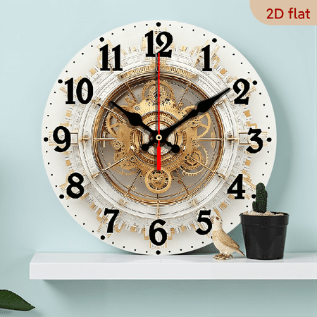 2D Flat 1pc 10Inch Wooden Mechanical Style Art Deco Large Round Wall Clock - Silent Quartz Movement, Golden-Toned Beige Brown Luxury Design, 20cm Wood Frame, Minimalist Modern Decor for Living Room