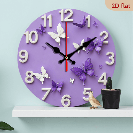 2D Flat 1pc 10Inch Wooden Purple Butterfly Wall Clock - 10Inch Silent Non-Ticking Battery Operated (AA Not Included) - Vibrant Lavender White Butterfly Design for Home Office Bedroom Decor
