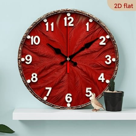 2D Flat 1pc 10Inch Wooden Red Theme Wall Clock - Silent Non-Ticking Modern Round Clock with Hands Red Dial, 10Inch Large Easy-to-Read Numbers, Bedroom, Office, Kitchen, Bathroom - Christmas