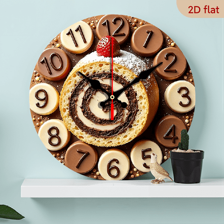 2D Flat 1pc 10Inch Wooden Silent Round Chocolate Cake Roll Clock Face, Strawberry Decorated Top Wall Clock, Quartz Movement, Battery Powered (AA Batteries Not Included), Suitable for Bedroom