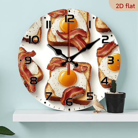 2D Flat 1pc 10Inch Wooden Silent Wall Clock with Toast, Fried Eggs Bacon Design Rustic Wood Frame, Round Analog Display, Breakfast Theme Decor for Kitchen Dining Room (Batteries Not Included)