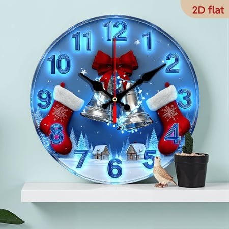 2D Flat 1pc 10Inch Wooden Surface, Silver Bell Winter Charm Round Wall Clock Wooden Silent Movement, Battery-Powered, Suitable for Meditation, Living Room, Bedroom, Dining Room Christmas Decor