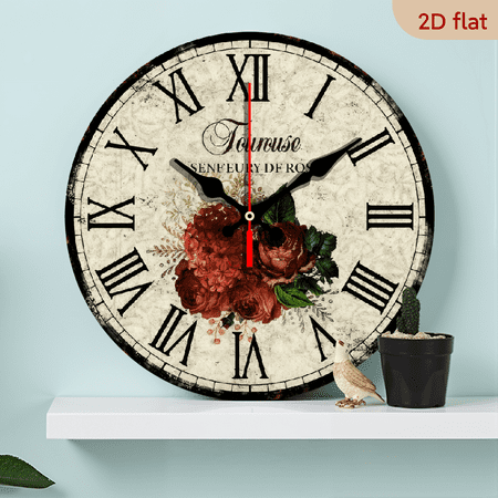 2D Flat 1pc 10Inch Wooden Toulouse De Rose Round Wall Clocks Spring Botanical Wall Clock Non-Ticking Battery Operated Shabby Chic Farmhouse Wall Clock Decorative for Living Room Bedroom Kitch