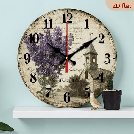 2D Flat 1pc 10Inch Wooden Vintage Farmhouse Wall Clock with Lavender Floral French Country Church Design - Large Black Hands, Beige Face, 20cm Rustic Wood Round Clock for Home Office, Dining Room